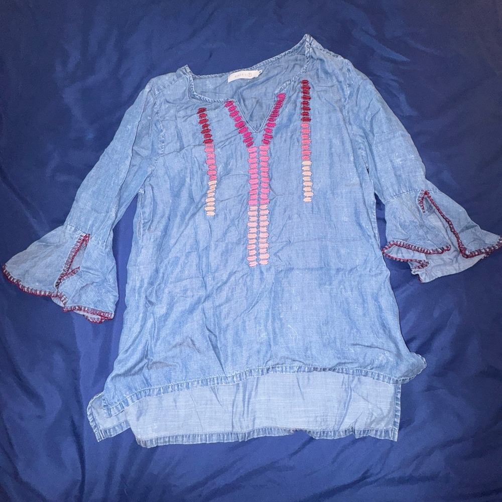 Billy T. Medium Tunic Top 100% Lyocell 3/4 Sleeve Embroidered‎